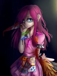 Size: 540x720 | Tagged: artist:iponylover, blood, derpibooru import, fanfic:cupcakes, grimdark, human, humanized, knife, pinkamena diane pie, pinkie pie, solo