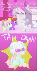Size: 1272x2432 | Tagged: safe, artist:tapeysides, derpibooru import, oc, oc:button, oc:itty bit, oc:parfait, unofficial characters only, pony, baby, baby pony, diaper, foal, messy diaper, poofy diaper