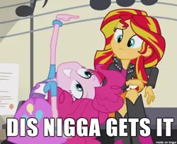 Size: 539x439 | Tagged: safe, derpibooru import, pinkie pie, sunset shimmer, equestria girls, caption, confused, cute, diapinkes, eye contact, female, frown, grin, image macro, looking at each other, looking back, nigga, pose, raised eyebrow, reaction image, smiling, squee, text, vulgar