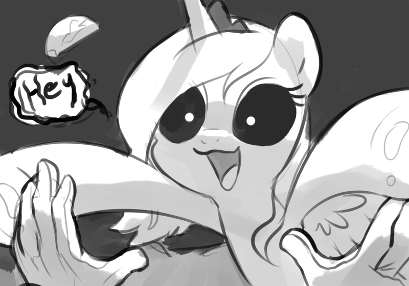 Size: 1176x825 | Tagged: safe, artist:imalou, derpibooru import, princess luna, alicorn, human, pony, loony luna, adoracreepy, astronaut, black sclera, creepy, cute, hand, luna and the nauts, monochrome, moon, offscreen character, planet, s1 luna, screwy eyes, space