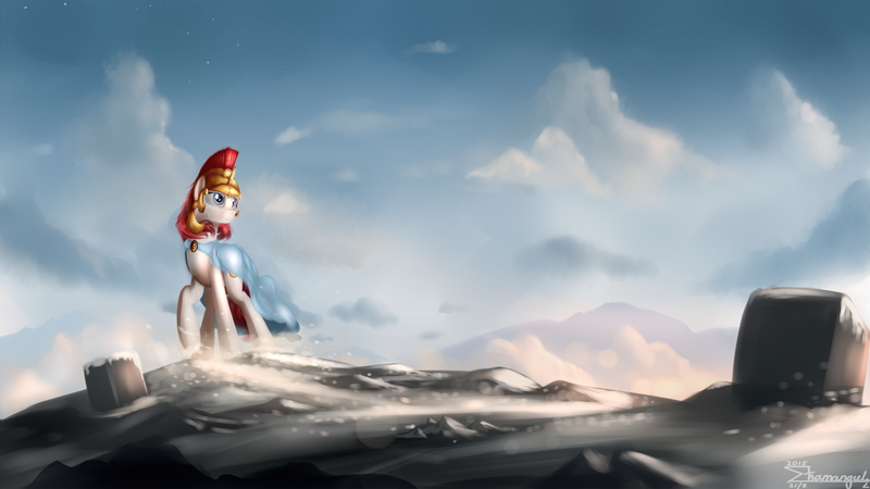 Size: 1920x1080 | Tagged: artist:shamanguli, cape, clothes, dead source, derpibooru import, helmet, mountain, oc, oc:britannia, safe, scenery, solo, unofficial characters only