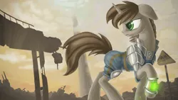 Size: 3200x1800 | Tagged: safe, artist:1nakir1, derpibooru import, oc, oc:littlepip, unofficial characters only, pony, unicorn, fallout equestria, fanfic, clothes, fanfic art, female, mare, pipbuck, ruins, single pegasus project, solo, vault suit, wasteland