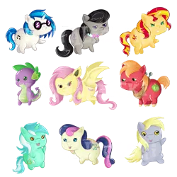 Size: 885x886 | Tagged: safe, artist:kowaliclski, derpibooru import, big macintosh, bon bon, derpy hooves, fluttershy, lyra heartstrings, octavia melody, spike, sunset shimmer, sweetie drops, vinyl scratch, pony, chibi, flutterbat, sticker set, watermark