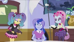 Size: 1279x722 | Tagged: safe, derpibooru import, edit, edited screencap, screencap, pixel pizazz, princess luna, violet blurr, equestria girls, friendship games, photo finished, inverted mouth, luna's office, vice principal luna