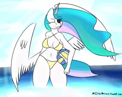 Size: 1280x1024 | Tagged: anthro, artist:mrironmustang, beach, belly button, big breasts, bikini, breasts, clothes, derpibooru import, female, midriff, plantigrade anthro, princess celestia, solo, suggestive, swimsuit, volleyball