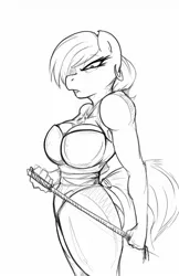 Size: 828x1280 | Tagged: anthro, artist:duplicitousmachine, breasts, busty ms. harshwhinny, derpibooru import, dominatrix, female, leotard, monochrome, ms. harshmeaty, ms. harshwhinny, muscles, plantigrade anthro, riding crop, sketch, solo, solo female, suggestive