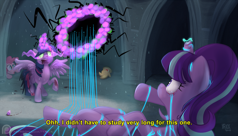 Size: 1200x685 | Tagged: grimdark, artist:1trick, derpibooru import, applejack, pinkie pie, starlight glimmer, twilight sparkle, twilight sparkle (alicorn), alicorn, pony, betrayal, blood, broken horn, bruised, corrupted, crying, dark magic, female, frown, gore, harsher in hindsight, imminent death, magic, mare, open mouth, portal, raised hoof, raised leg, s5 starlight, sombra eyes, spread wings, this will end in death, tongue out, twilight is anakin, twilight snapple, tyrant sparkle, wide eyes