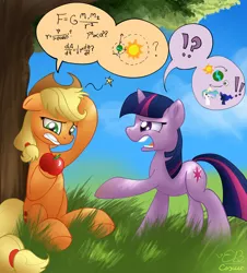 Size: 1447x1600 | Tagged: safe, artist:conicer, artist:elyonblade, derpibooru import, applejack, princess celestia, princess luna, twilight sparkle, earth pony, pony, unicorn, apple, argument, collaboration, confused, differential equation, duo, earth, fancy mathematics, female, floppy ears, formula, frown, geocentric theory, grass, gravity, gritted teeth, heliocentric theory, heresy, isaac newton, law of gravity, mare, math, moon, open mouth, pain, parody, physics, pictogram, science, sir isaac newton, sitting, speech bubble, sun, tree, under the tree, unicorn twilight