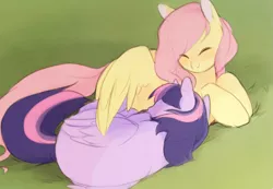 Size: 1239x855 | Tagged: safe, artist:balaraika, derpibooru import, fluttershy, twilight sparkle, twilight sparkle (alicorn), alicorn, pony, cute, female, lesbian, mare, shipping, shyabetes, sleeping, twiabetes, twishy