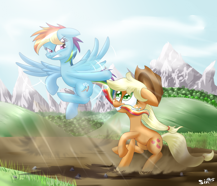 Size: 1500x1285 | Tagged: safe, artist:sintakhra, derpibooru import, applejack, rainbow dash, dirt road, hill, mountain, mouth hold, tail pull