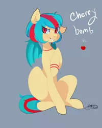 Size: 1200x1500 | Tagged: safe, artist:kikiluv, derpibooru import, oc, oc:cherry bomb, unofficial characters only, bat pony, pony, fangs, freckles, offspring, slit eyes, smiling, solo