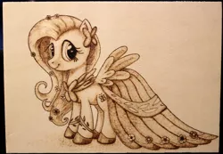 Size: 1280x887 | Tagged: artist:horseez, clothes, derpibooru import, dress, fluttershy, gala dress, pyrography, safe, solo, woodwork