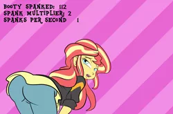 Size: 1556x1030 | Tagged: suggestive, artist:ponut_joe edit, artist:tom7cruise, derpibooru import, edit, sunset shimmer, equestria girls, app, ass, bent over, blushing, bunset shimmer, butt, clothes, fan game, female, game, it's happening, jeans, looking at you, looking back, open mouth, solo, solo female, spank dat ass, text, trace, vector