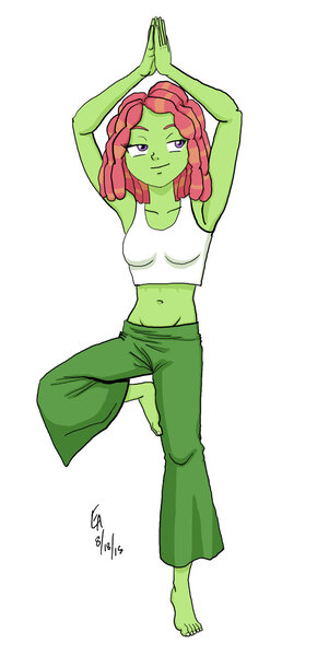 Size: 600x1197 | Tagged: safe, artist:mayorlight, derpibooru import, tree hugger, equestria girls, armpits, barefoot, belly button, clothes, digital art, equestria girls-ified, feet, female, midriff, solo, tanktop, wii fit, yoga