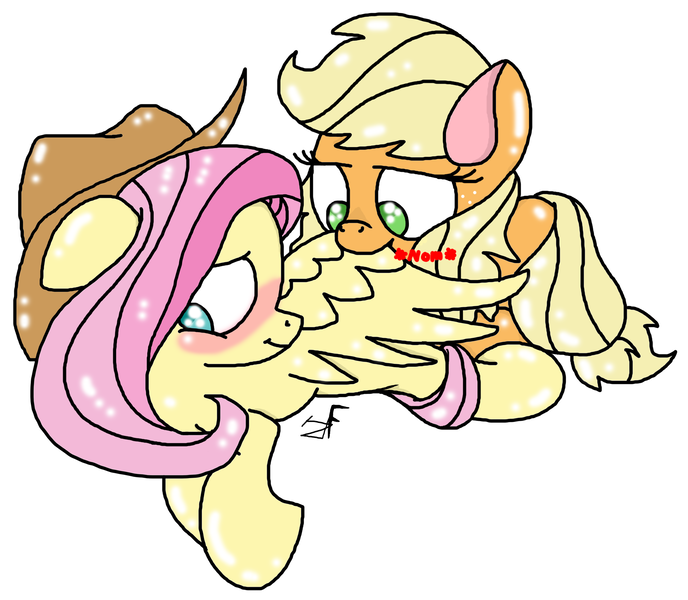 Size: 2536x2212 | Tagged: accessory swap, applejack, appleshy, artist:jackiefreak, blushing, derpibooru import, female, floppy ears, fluttershy, lesbian, nom, preening, prone, safe, shipping, smiling