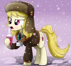 Size: 1871x1742 | Tagged: safe, artist:the-butch-x, derpibooru import, march gustysnows, pony, blushing, clothes, coat, coffee, female, hat, mare, open mouth, snow, snowfall, solo, ushanka
