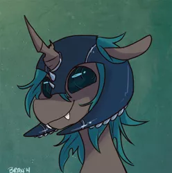 Size: 522x527 | Tagged: safe, artist:goatsocks, derpibooru import, oc, unofficial characters only, changeling, bust, colored pupils, helmet, smiling, solo