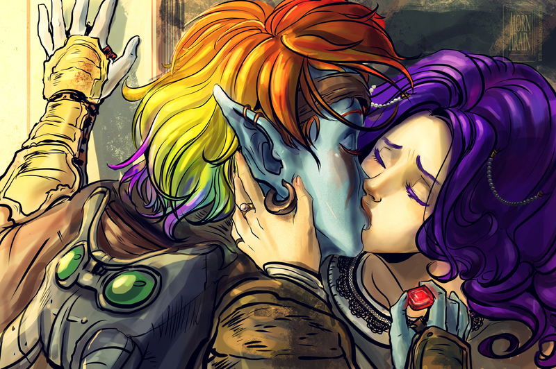 Size: 3484x2315 | Tagged: artist:arainmorn, crossover, dark elf, derpibooru import, dunmer, dunmeried, ear piercing, earring, elf, female, human, humanized, imperial, jewelry, kissing, lesbian, piercing, rainbow dash, raridash, rarity, ruby, safe, shipping, tesiii:mlp, the elder scrolls, woman