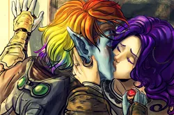 Size: 3484x2315 | Tagged: artist:arainmorn, crossover, dark elf, derpibooru import, dunmer, dunmeried, ear piercing, earring, elf, female, human, humanized, imperial, jewelry, kissing, lesbian, piercing, rainbow dash, raridash, rarity, ruby, safe, shipping, tesiii:mlp, the elder scrolls, woman