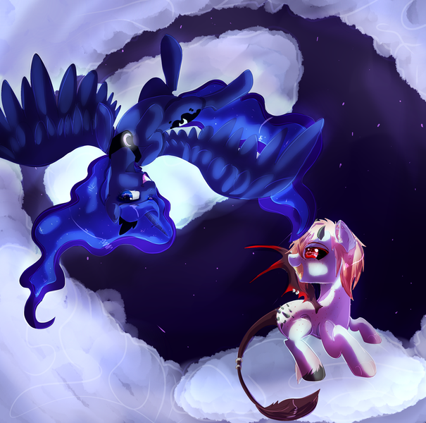 Size: 1024x1016 | Tagged: artist:scatteredlove, cloud, cloudy, demon, derpibooru import, flying, oc, princess luna, safe