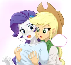 Size: 1230x1115 | Tagged: suggestive, artist:ta-na, derpibooru import, applejack, rarity, equestria girls, :o, bad touch, blushing, breast fondling, breast grab, breasts, busty rarity, clothes, eyes on the prize, female, foreplay, grabbing, grope, humanized, lesbian, lidded eyes, open mouth, rarijack, shipping, simple background, speech bubble, surprised, sweat, sweatdrop, white background, wide eyes