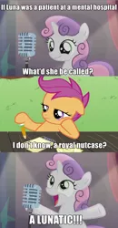 Size: 870x1674 | Tagged: bad sweetie belle joke, bloom and gloom, comic, derpibooru import, edit, edited screencap, exploitable meme, lunatic, meme, ponyville confidential, princess luna, pun, safe, scootaloo, screencap, screencap comic, sweetie belle