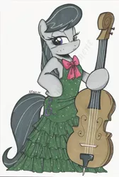 Size: 1024x1527 | Tagged: safe, artist:ponygoddess, derpibooru import, octavia melody, earth pony, semi-anthro, bipedal, bow, cello, clothes, cutie mark, dress, female, mare, musical instrument, neck bow, solo, traditional art