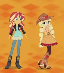 Size: 640x726 | Tagged: safe, derpibooru import, edit, screencap, applejack, sunset shimmer, equestria girls, friendship through the ages, rainbow rocks, alternate hairstyle, boots, country applejack, cropped, cute, dancing, grin, height, high heels, jackabetes, linedancing, pigtails, shimmerbetes, sleeveless, smiling, spurs