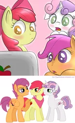 Size: 800x1300 | Tagged: safe, derpibooru import, apple bloom, scootaloo, sweetie belle, pony, adult, applebuck, bloomcest, blushing, computer, cutie mark crusaders, filly, laptop computer, male, older, rule 63, scootacest, scooteroll, self ponidox, selfcest, shipping, silver bell, stallion, sweetcest