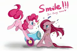 Size: 3000x2000 | Tagged: artist:rocy canvas, confetti, derpibooru import, duality, gritted teeth, happy, party cannon, pinkamena diane pie, pinkie pie, safe, self ponidox