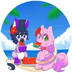 Size: 800x809 | Tagged: artist:paichitaron, beach, derpibooru import, eating, flower in hair, hybrid, inner tube, oc, oc:prince kamuri, oc:rose princess, safe, song in the description, unofficial characters only, watermelon, zebra, zony