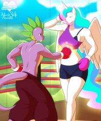 Size: 1000x1200 | Tagged: anthro, artist:marik azemus34, belly button, boxing, boxing gloves, breasts, busty princess celestia, clothes, derpibooru import, female, midriff, no sell, older, princess celestia, shorts, spike, suggestive, topless, unfazed