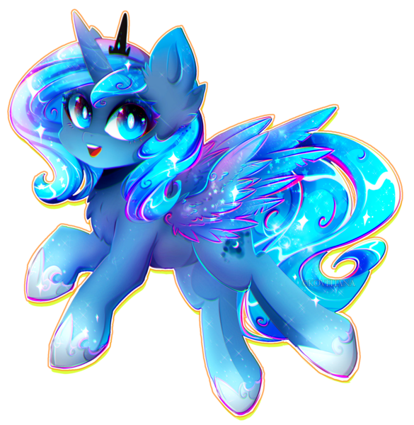 Size: 1838x1885 | Tagged: alicorn, artist:koveliana, chest fluff, chromatic aberration, colored pupils, color porn, derpibooru import, ear fluff, female, filly, happy, princess luna, safe, simple background, solo, spread wings, transparent background, wing fluff, wings, woona