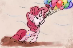 Size: 1024x670 | Tagged: artist:animestrife009, balloon, derpibooru import, dirt, dragging, mouth hold, pinkie pie, safe, solo, sweat