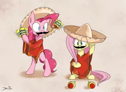 Size: 1280x936 | Tagged: safe, artist:animestrife009, derpibooru import, fluttershy, pinkie pie, pony, bipedal, clothes, fake moustache, maracas, moustache, musical instrument, poncho, prehensile mane, shaking, sombrero