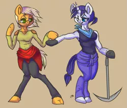 Size: 703x600 | Tagged: safe, derpibooru import, applejack, rarity, oc, oc:ivory, oc:sparkling cider, anthro, unguligrade anthro, alternate universe, bipedal, clothes, female, lesbian, rarijack, shipping, ultimare universe