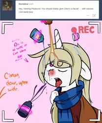Size: 1500x1800 | Tagged: suggestive, artist:fullmetalpikmin, derpibooru import, oc, oc:cherry blossom, unofficial characters only, pony, unicorn, tumblr:ask viewing pleasure, ask, camera shot, clothes, cold, facial, magic, medicine, scarf, sick, telekinesis, tumblr