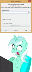 Size: 540x1200 | Tagged: safe, derpibooru import, lyra heartstrings, pony, unicorn, the cutie map, computer, humie, my little human, password, shocked, solo, winrar