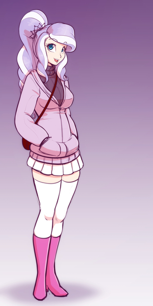 Size: 943x1886 | Tagged: safe, artist:scorpdk, derpibooru import, diamond tiara, human, boots, breasts, busty diamond tiara, clothes, colored pupils, cute, diamondbetes, female, gradient background, hands in pockets, high heel boots, hoodie, humanized, image, jpeg, looking at you, miniskirt, older, older diamond tiara, open mouth, ponytail, purse, shoes, skirt, smiling, socks, solo, standing, sweater, thigh highs, turtleneck, zettai ryouiki