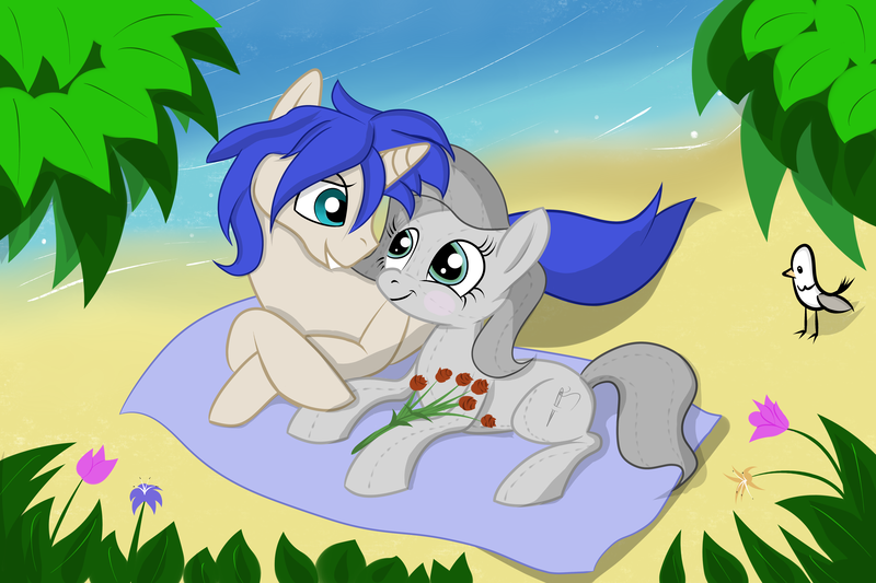 Size: 6000x4000 | Tagged: safe, artist:wilshirewolf, derpibooru import, oc, oc:double backstitch, oc:trick shot, unofficial characters only, earth pony, pony, seagull, unicorn, absurd resolution, beach, blushing, female, grin, male, oc x oc, sand, shipping, straight, water