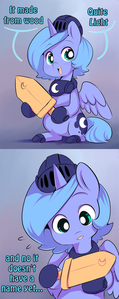 Size: 540x1348 | Tagged: artist:ende26, cute, derpibooru import, filly, looking at you, lunabetes, open mouth, princess luna, safe, smiling, solo, tumblr, wooden sword, woona, woona knight