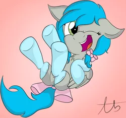 Size: 930x871 | Tagged: safe, artist:laptopbrony, derpibooru import, oc, oc:darcy sinclair, unofficial characters only, pegasus, pony, bow, clothes, cute, floppy ears, looking at you, on back, open mouth, smiling, socks, solo, tail bow, wink