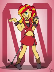 Size: 1800x2400 | Tagged: safe, artist:xain-russell, deleted from derpibooru, derpibooru import, sunset shimmer, ask sunset the otaku, equestria girls, belly button, clothes, cosplay, costume, meiko, microphone, midriff, skirt, solo, vocaloid, wink