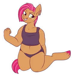 Size: 617x629 | Tagged: anthro, artist:lulubell, babs seed, belly button, binder, chubby, clothes, derpibooru import, flexing, midriff, muffin top, older, piercing, safe, simple background, solo, sweat, tanktop, transparent background, underwear, unguligrade anthro