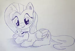 Size: 1000x675 | Tagged: safe, artist:inkygarden, derpibooru import, fluttershy, bird, ballpoint pen, blushing, monochrome, sketch, solo, traditional art