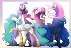 Size: 2200x1500 | Tagged: safe, artist:discosweetruletik, derpibooru import, princess cadance, princess celestia, princess luna, twilight sparkle, twilight sparkle (alicorn), alicorn, pony, alicorn tetrarchy, book, clothes, female, impossibly long hair, impossibly long tail, long mane, long tail, mare, raised hoof, socks, striped socks