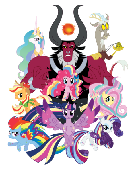 Size: 600x760 | Tagged: safe, artist:xkappax, derpibooru import, applejack, discord, fluttershy, lord tirek, pinkie pie, princess celestia, rainbow dash, rarity, twilight sparkle, twilight sparkle (alicorn), alicorn, pony, twilight's kingdom, mane six, rainbow power, scorpan's necklace, shirt design, vector