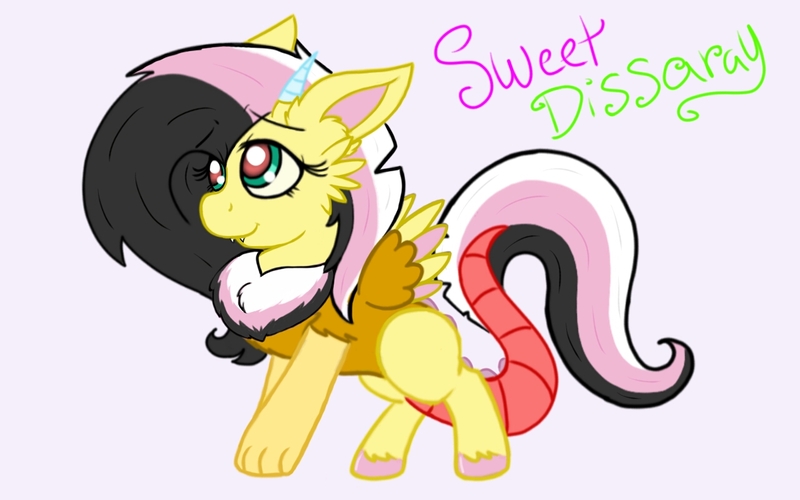 Size: 1280x800 | Tagged: safe, artist:emz2015, derpibooru import, oc, oc:sweet disarray, unofficial characters only, hybrid, cute, fluffy, interspecies offspring, offspring, parent:discord, parent:fluttershy, parents:discoshy, simple background, solo