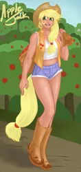 Size: 565x1200 | Tagged: apple, applejack, artist:aphexangel, belly button, boots, clothes, cowboy boots, cowboy hat, cowboy vest, daisy dukes, derpibooru import, hat, human, humanized, looking at you, midriff, open mouth, sack, safe, shoes, smiling, solo, straw in mouth, sweet apple acres, tailed humanization, wheat