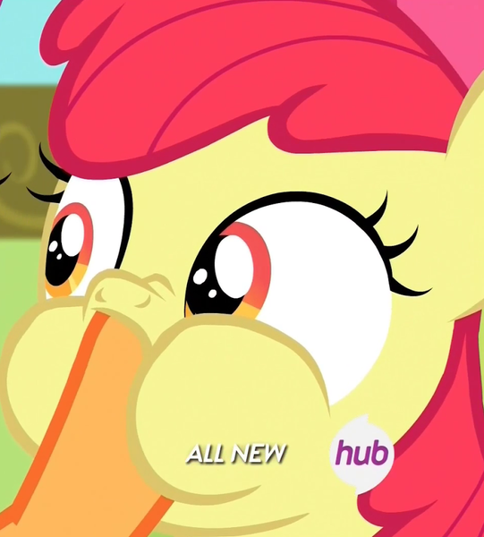 Size: 792x878 | Tagged: all new, apple bloom, cropped, derpibooru import, hoof in mouth, hoofjack, hub logo, nose wrinkle, puffy cheeks, safe, scootaloo, screencap, somepony to watch over me